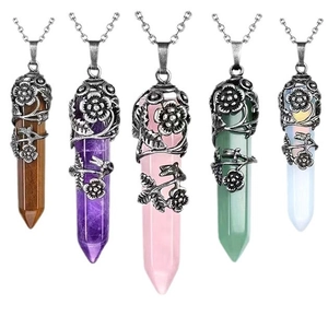 Natural crystal hexagonal pillar pendants with silver rose floral metal wrap on chains