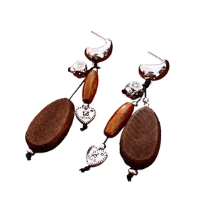 Vintage silver moon and wooden beaded oval drop earrings for women in bohemian style