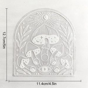 Size chart of mushroom and moon silicone mold measuring 12.7cm by 11.4cm with detailed dimensions