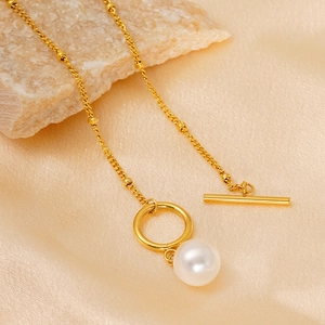 Minimalist double layered gold chain necklace with pearl pendant and stylish OT toggle clasp