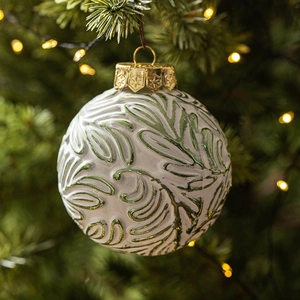 Christmas tree ball 8cm white and green embossed leaf pattern with gold cap