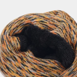 Knit hat and neck warmer set with multi-color tie-dye stripes and warm fleece lining