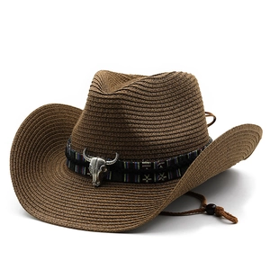 Handwoven straw western cowboy hat with vintage longhorn metal charm and wind cord