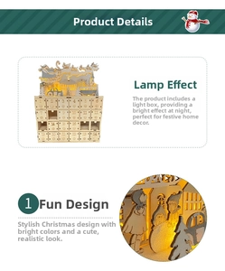 Detail of wooden Christmas advent calendar with 24 drawers and LED warm light scene
