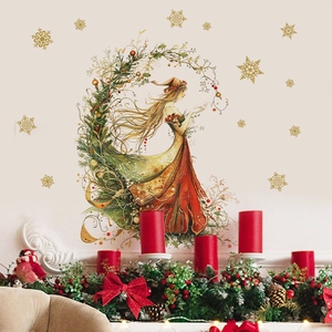Detailed wall decal showing festive lady with holly wreath and golden snowflakes decorations
