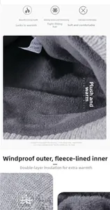Detail of warm grey knit beanie with plush fleece lining and 60% acrylic fabric blend
