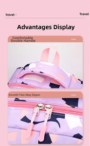 Detail of pink webbing handle and smooth two-way zippers on geometric pattern backpack