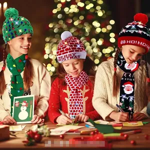 Cozy kids' Christmas knitted hat and scarf set with glowing LED lights and festive patterns