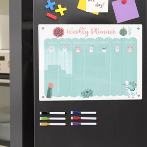Magnetic acrylic weekly planner with colorful markers and alpaca illustration on fridge