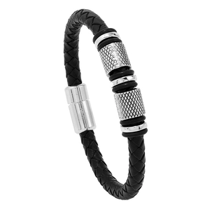 Macro detail of black braided PU leather bracelet with silver textured magnetic clasp