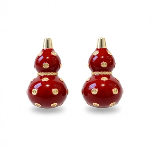Elegant 18k gold plated red gourd earrings with enamel finish and gold pattern