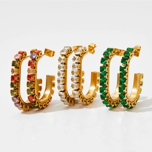 Boucles d'oreilles luxe en acier inoxydable en C serties de zircons colorés