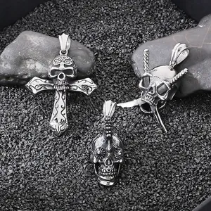 Skull Cross Pendant Necklace Stainless Steel Gothic Punk Style Retro Men Jewelry Vintage Dagger Motifs