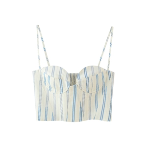 Women's sexy off-shoulder cream crop top with blue vertical stripes and thin straps