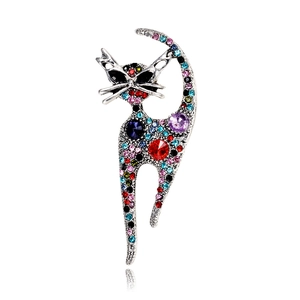 Retro Cat Brooch Zinc Alloy With Colorful Rhinestones Vintage Animal Lapel Pin For Women Elegant Clothing Decor