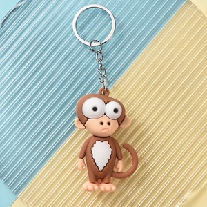 Close-up of a cute cartoon monkey keychain with large eyes and a white heart detail