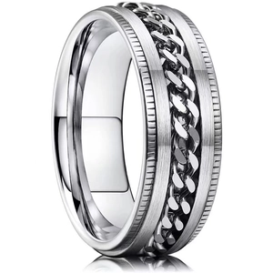 Men's titanium steel spinner ring with silver Cuban chain inlay and brushed finish