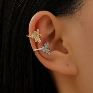Vintage alloy bee ear cuff earrings with sparkling crystals for women, gold and silver set