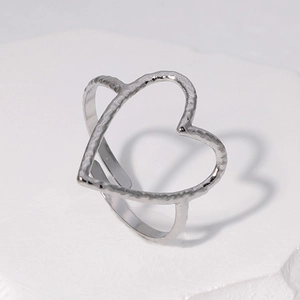 Minimalist open heart ring in hammered silver stainless steel with adjustable band