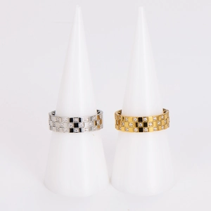 Checkerboard pattern stainless steel rings with diamonds in gold and silver finish