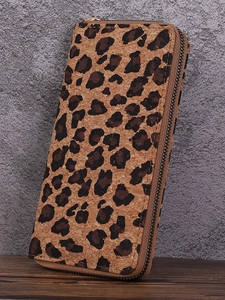 Lungo portafoglio con stampa leopardata in sughero con cerniera ad alta capacità