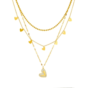 Three-layer gold-plated stainless steel necklace with white heart pendant and beads