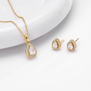 Elegant gold-plated waterdrop necklace and earring set with sparkling zircon stones