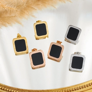 Rectangular Roman numeral stud earrings in gold, silver, and rose gold finishes