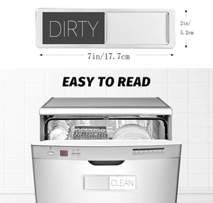 Close-up of sliding Clean/Dirty dishwasher magnet with size details and usage view