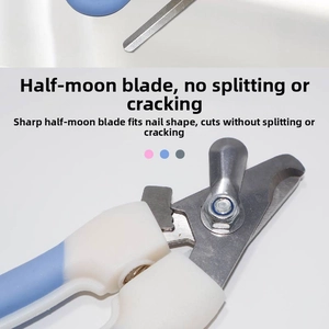 Half-moon stainless steel blade detail of pet nail clippers in blue and white finish