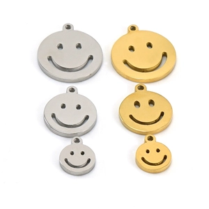 DIY smiley face pendants in gold and silver steel showing small to large sizes