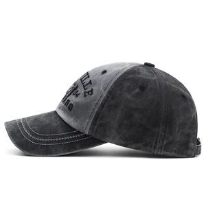 Vintage washed dark grey baseball cap with letter embroidery and distressed finish