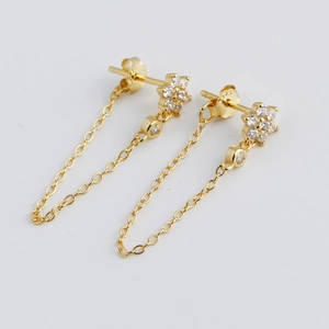 Luxurious S925 sterling silver flower stud earrings with elegant gold chain tassels