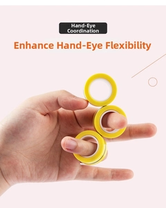 Close-up of yellow magnetic fidget rings on fingers to improve hand coordination