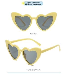 Front and side view of heart-shaped kids sunglasses with yellow frames and dark grey lenses