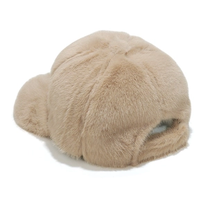 Close-up of the plush faux fur texture and adjustable back on this beige winter baseball cap