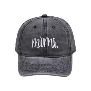 Minimalist dark gray washed cotton baseball cap with white mimi embroidery on front