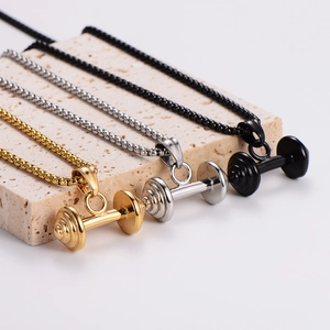 Dumbbell pendant necklaces in gold, silver, and black finish for fitness enthusiasts