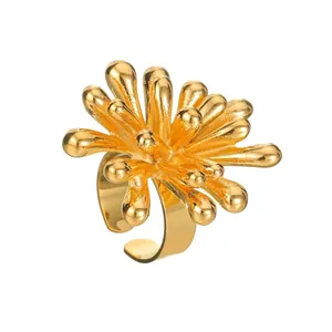 Anello Aperto Petalo 3D Acciaio Inossidabile Placcato Oro 18K Vintage Francese Floreale Regolabile Da Donna Elegante