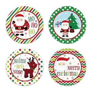 Set of four circular Christmas decorative labels with festive Santa and reindeer designs