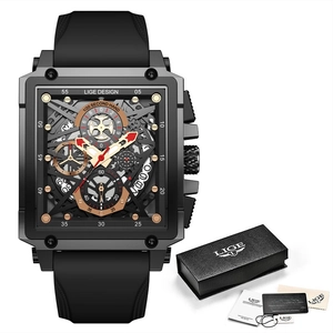 LIGE men's sporty square quartz watch with black rubber strap and full gift set packaging