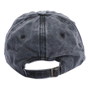 Detail view of the washed cotton baseball cap with adjustable metal buckle and stitching