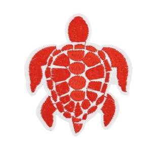 Vibrant red turtle embroidered patch with white border for clothing accessories