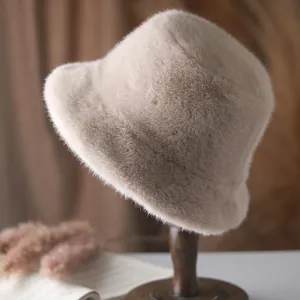 Women Winter Thickened Faux Fur Bucket Hat Warm Soft Plush Cotton Basin Hat Solid Color Outdoor Ear Protection Earflap Hat