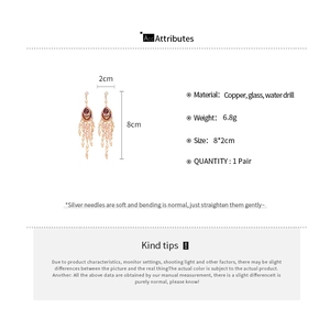 Detailed size chart for red teardrop tassel earrings showing 8x2cm dimensions and 6.8g weight