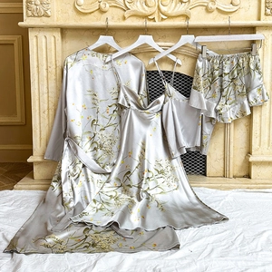 Ensemble pyjama 5 pièces en satin argenté avec peignoir et imprimé floral