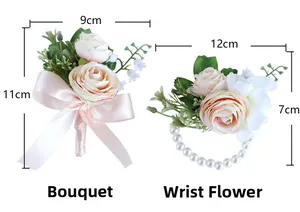 Detailed view of champagne rose boutonniere and pearl wrist corsage with size labels