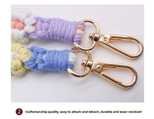 Detail of handmade woven cotton flower straps with golden lobster clasps for bags