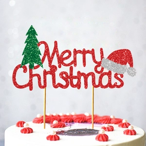 Merry Christmas Tortenstecker mit glitzerndem Tannenbaum und Weihnachtsmann-Mütze