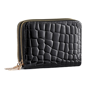 Black crocodile pattern accordion card holder with dual zippers and golden hardware